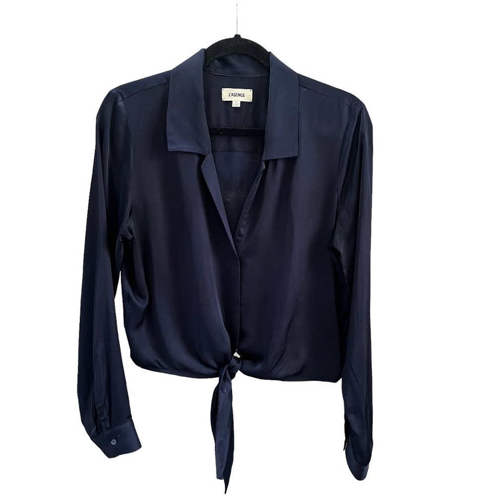 L'Agence Navy Silk Crop Front Tie Long Sleeve Blouse Women's Size M